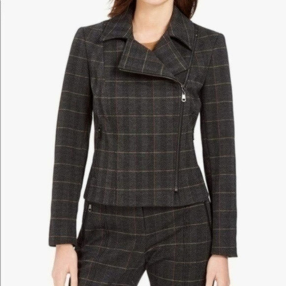 TAHARI Womens Black Pocketed Zippered Plaid Motorcycle Jacket Size 10 - Picture 2 of 13